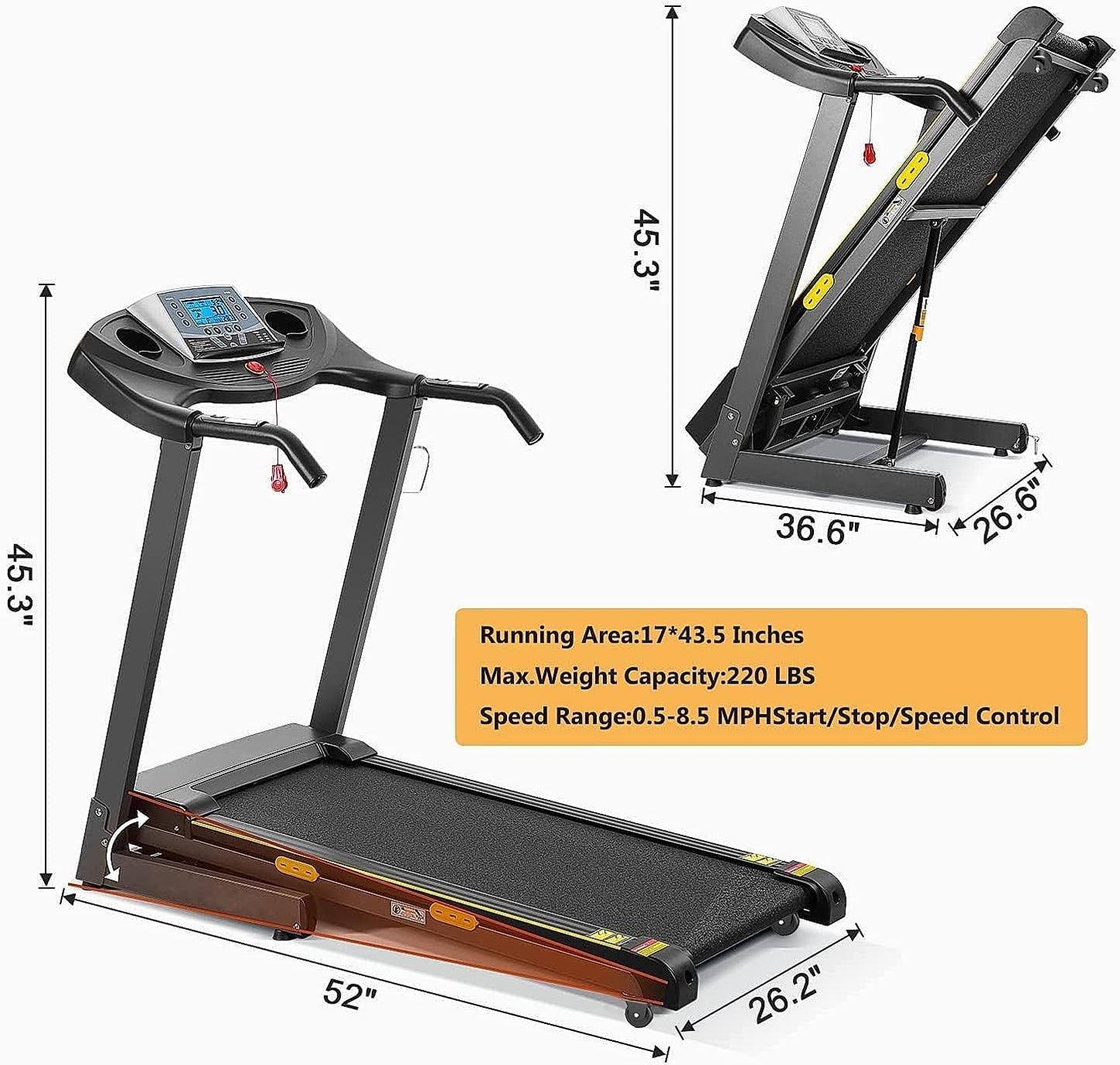 Treadmill with Auto Incline Folding Treadmill 12% Incline 2.5 Horse Power 15 Preset for Home Use 8.5 Mph Range